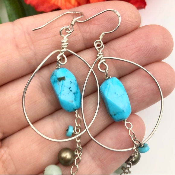 Sterling Silver Pearl Gemstone Beaded Long Dangle Chain Wire Cha Cha Earrings 5” - Picture 4 of 13